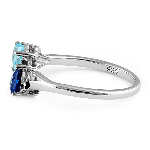 Sterling Silver Double Heart Blue Spinel & Blue Topaz CZ Ring