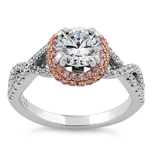 Sterling Silver Twisted Two Tone Rose Gold Plated Clear CZ Ring