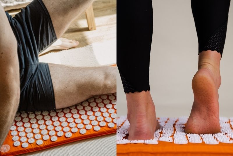 Man lies sideways with legs on ShaktiMat Original, woman stands on orange acupressure mat from ShaktiMat