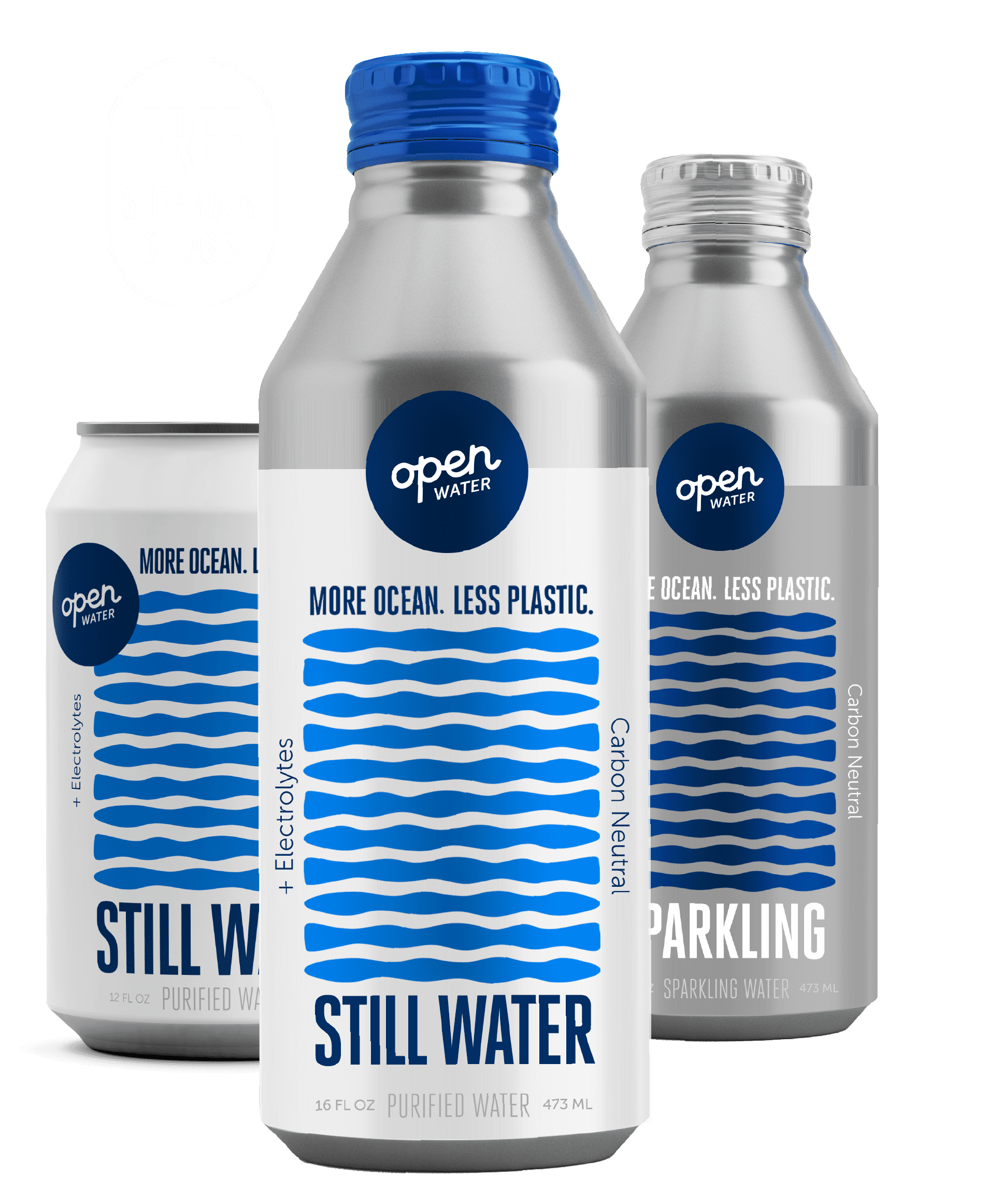 Open Water products: Still bottle, sparkling bottle, and still 12oz can