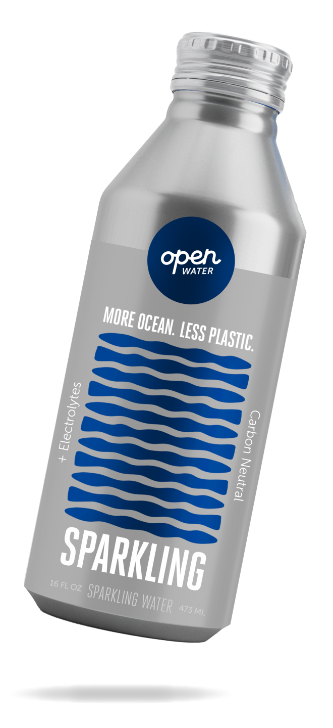 16oz bottle of Open Water sparkling water tilted