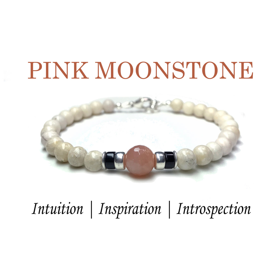 Moonstone Mens Birthstone Bracelets, June Gemini Zodiac Gemstones, 4mm Handmade Everyday Black Beaded Bracelets, 7