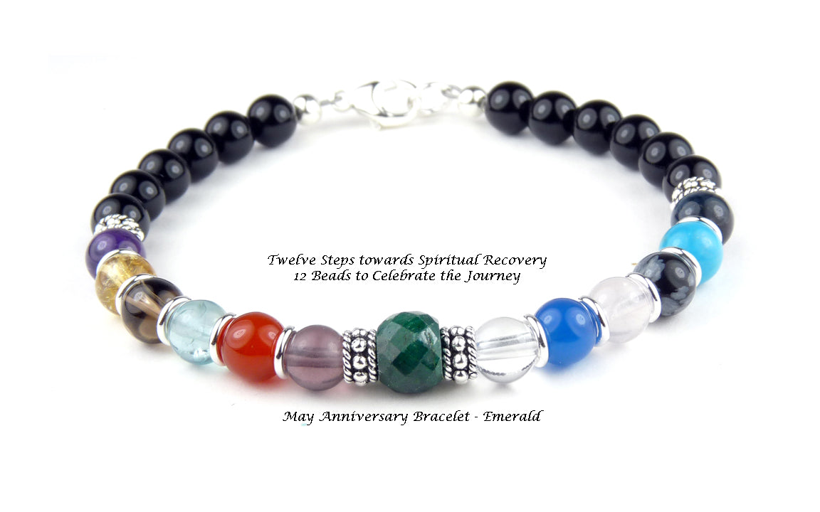 Silver Sobriety Bracelet, May Genuine Emerald Gemstone AA Anniversary 12 Step Bracelets by SobrietyStones