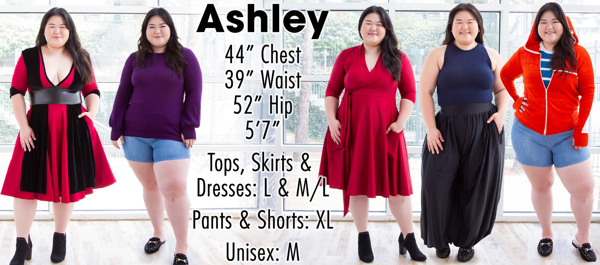 Ashley - 44” Chest 39” Waist 52” Hip 5’7” Height - Tops, Skirts & Dresses: L & M/L - Pants & Shorts: XL Unisex: M