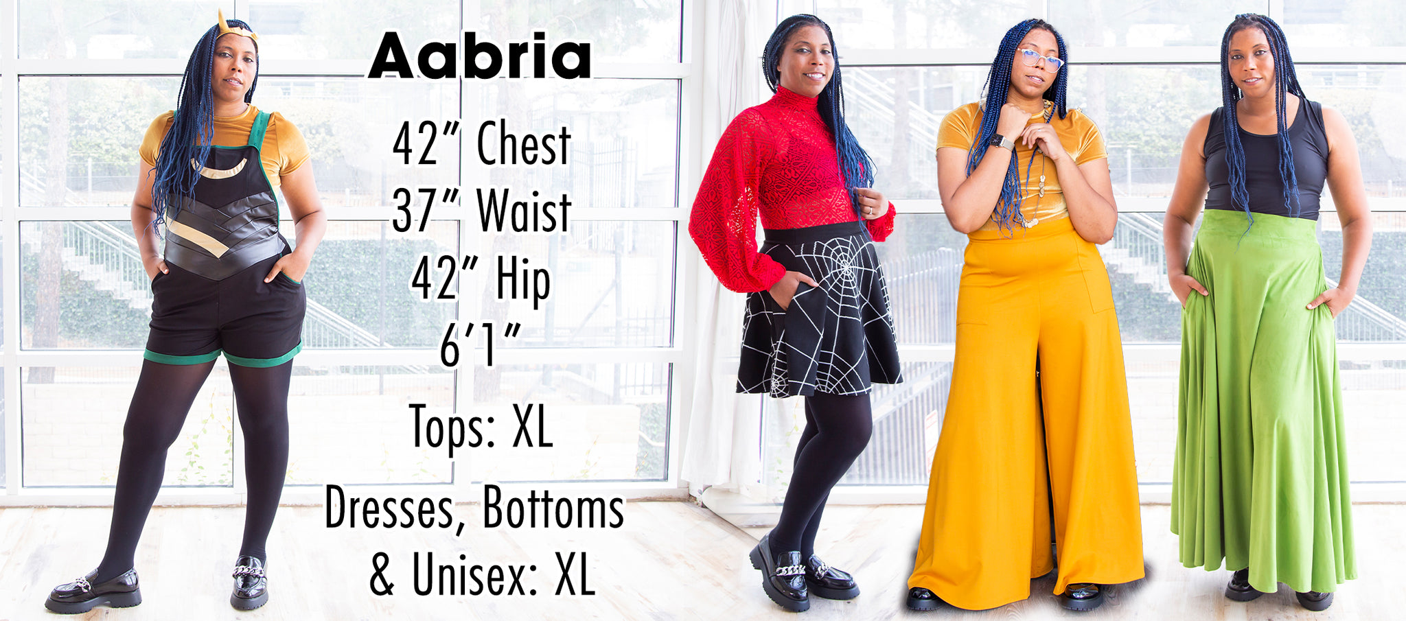 Aabria - 42" Chest, 37" Waist, 42" Hips, 6'1". Tops, Dresses, Bottoms, Unisex: XL