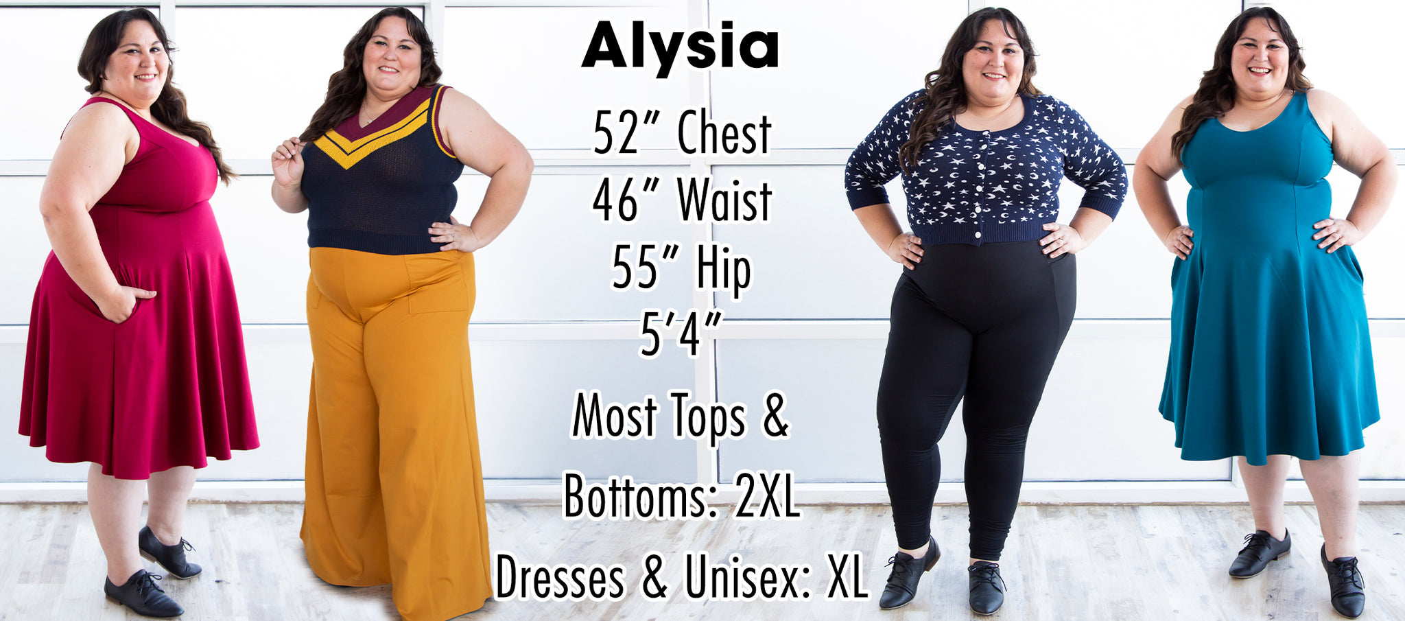 Alysia - 52" Chest, 46" Waist, 55" Hips, 5'4". Tops and Bottoms 2XL. Dresses and Unisex XL.