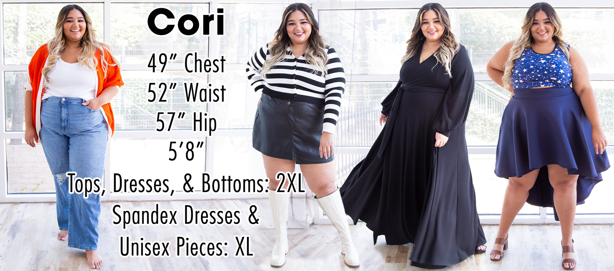 Cori - 49" Chest, 52" Waist, 57" Hips, 5'8". Tops, Bottoms, Dresses: 2XL. Spandex Dresses and Unisex: XL