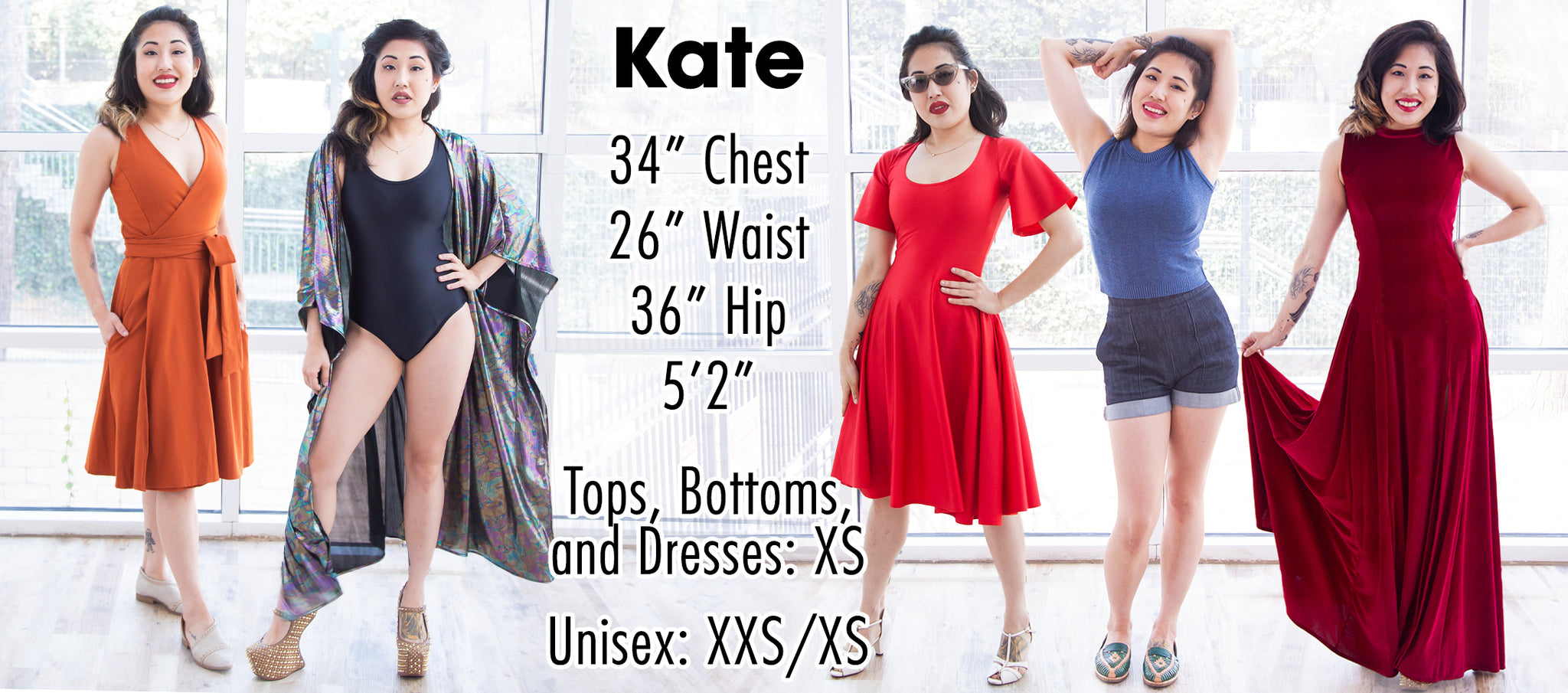 Kate - 34" Chest 26" Waist 36" Hip 5'2" - Tops, Bottoms, Dresses: XS Unisex: XXS/XS