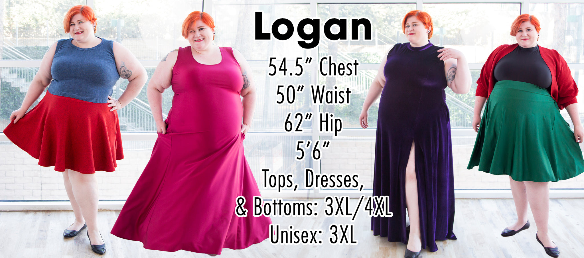 Logan - 54.5" Chest 50" Waist 62" Hip 5'6" - Tops, Dresses, and Bottoms: 3XL/4XL Unisex: 3XL