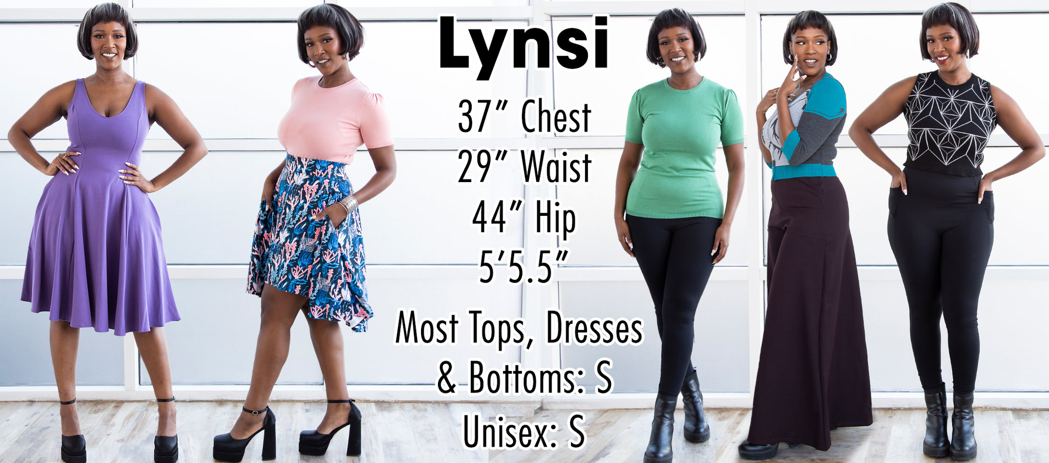 Lynsi - 37" Chest, 29" Waist, 44" Hips, 5'5.5". Tops, Bottoms, Dresses, and Unisex: S.
