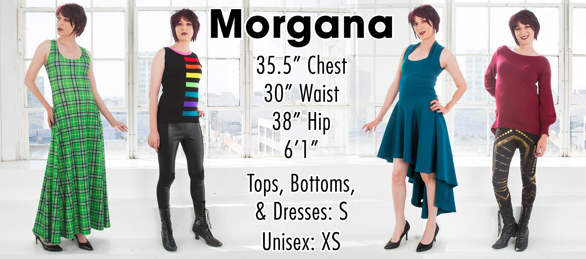 Morgana - 35.5" Chest 30" Waist 38" Hip 6'1" - Tops, Bottoms, and Dresses: S Unisex: XS