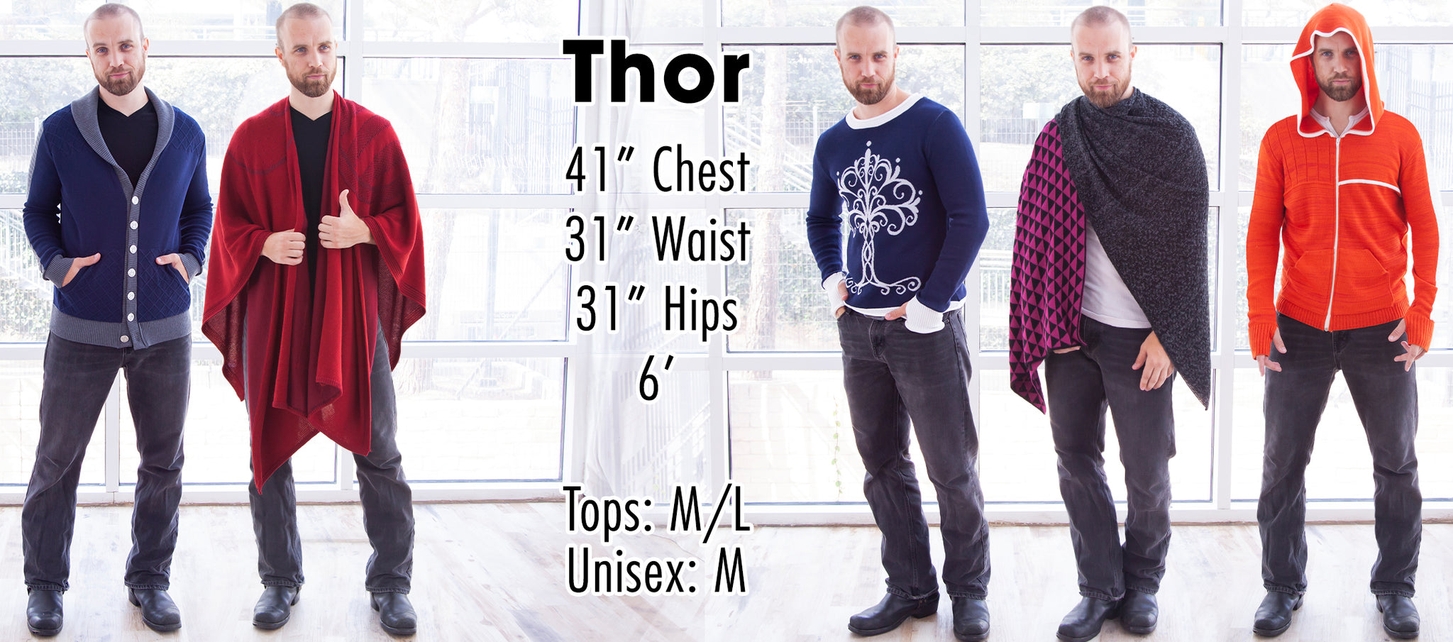 Thor - 41" Chest 31" Waist 31" Hips 6' - Tops: M/L Unisex: M