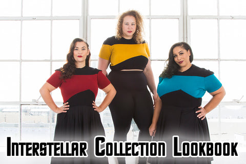 Kat (a medium-light skinned, dark haired model), Anastasia (a medium-light skinned, curly blonde haired model), and Dawn (a medium skinned, dark haired model) wear red, yellow, and blue crop tops inspired by the crew that boldy goes.