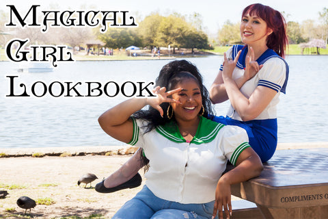 Magical Girl Lookbook - Tiffie (dark skinned, dark haired) and Kelsey (light skinned, redhead) model two cardigans. Tiffie is wearing the green and white schoolgirl cardigan and Kelsey is wearing the blue and white schoolgirl cardigan.