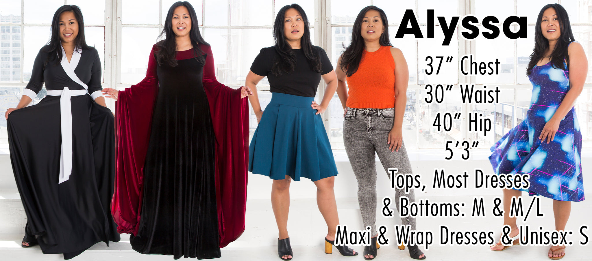 Alyssa - 37” Chest 30” Waist 40” Hip 5’3” Height - Tops, Most Dresses & Bottoms: M & M/L - Maxi & Wrap Dresses & Unisex: S