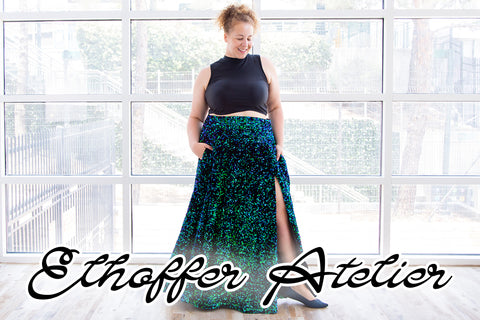 Elhoffer Atelier - Anastasia models the green and blue sequin and velvet floor length skirt with a thigh high slit. This collection features our more luxurious pieces, perfect for special events and still comfortable to hang out on your couch in.