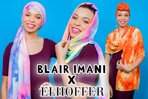 Blair Imani x Elhoffer Design - Blair Imani, a medium skinned thin author and historian, is modeling her special head scarf collection featuring multi-colored scarves that can wrap around the head as hijabs or around the body for light coverage.