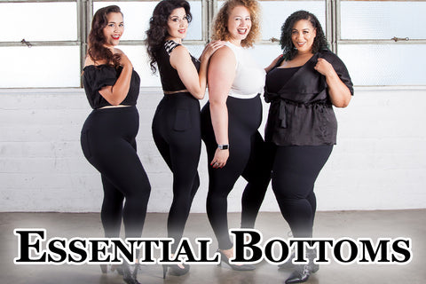 Essential Bottoms - Kat (a medium-light skinned model), Kit (a light skinned model), Anastasia (a medium-light skinned model), and Dawn (a medium-dark skinned model) model our black leggings, the first of many pieces in our Essential Bottoms Collection.