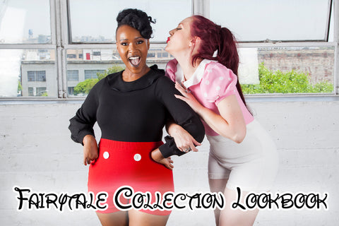 Fairytale Collection - Lynsi (a dark skinned, dark haired model) and Kelsey (a light skinned, redheaded model) wear two bodysuit pieces (one black/red and the other pink/white) inspired by a famous mouse and other characters from his studios.