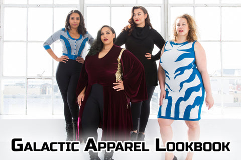 Galactic Apparel Collection - Malinda, Dawn, Kat, and Anastasia model pieces from our Galactic Apparel Collection, inspired by a galaxy far far away, in front of a white windowed wall.