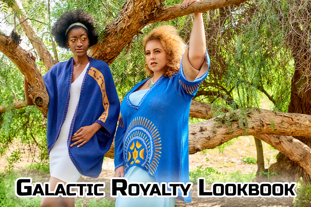 Galactic Royalty Lookbook - Armani (dark skinned, dark haired) and Anastasia (medium skinned, blonde curly haired) wear a blue shrug & blue sweater from the Galactic Royalty Lookbook, inspired by royal women across the galaxy.