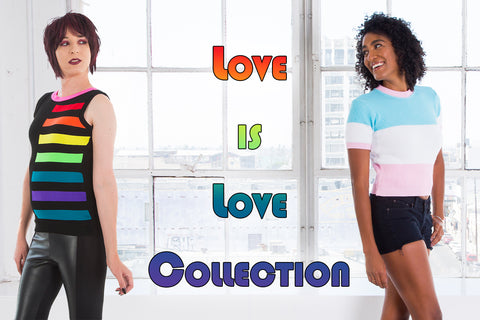 Love is Love Collection - Morgana, a light-skinned short haired model, wears the rainbow Spectrum Shell. She is standing next to Ciara, a medium-dark skinned model with dark curly hair, who is wearing the light blue, white, and pink Trans Pride Crop Top.