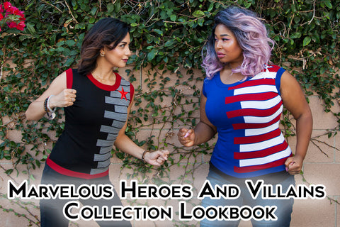 Marvelous Heroes & Villains Collection - Rachel (medium skinned, dark head model) and Tiffie (a dark skinned, light pink haired model) model two tops inspired by a captain and his friend. The pieces are from our marvelously comic book inspired collection.