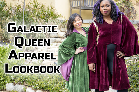 Galactic Queen Apparel Lookbook - Melanie (a medium light skinned, dark haired model) and Erika (a dark skinned, purple and black haired model) model outside wearing two velvet pieces inspired by the queens of the galaxy.