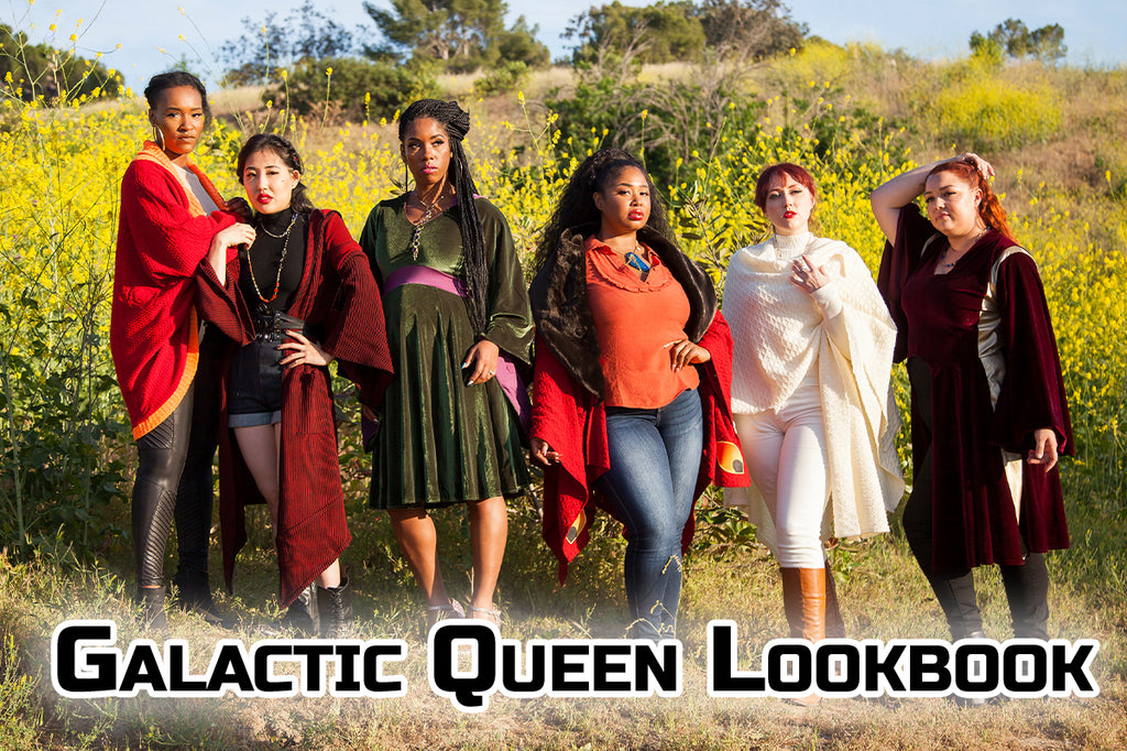 Galactic Queen Lookbook - Lynsi, Kate, Krystina, Tiffany, Kelsey, and Danielle stand in a line beside each other modeling the Galactic Queen Collection, inspired by the space queen and senator we love, outdoors in front of yellow and green hills.