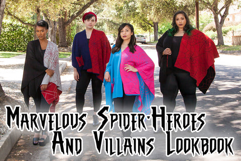 Marvelous Spider-Heroes and Villains Lookbook - Lynsi (wearing black and grey), Richard (wearing navy and red), Melanie (wearing bright blue and pink), and Dawn (wearing black and red) stand outdoors in a local neighborhood, modeling Spiderweb ponchos.