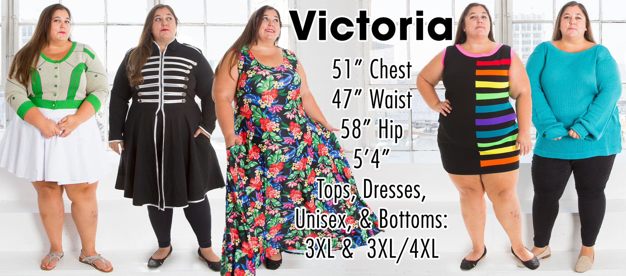 Victoria - 51” Chest 47” Waist 58” Hip 5’4” Height - Tops, Dresses, Unisex, & Bottoms: 3XL & 3XL/4XL