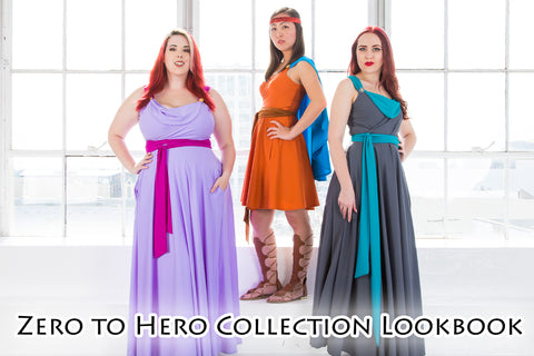 Zero to Hero Collection Lookbook - Katie Lynn, Alice, and Kelsey model three dresses from the Zero to Hero Collection, inspired by an animated demi-god's journey.