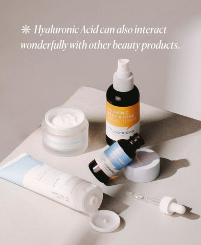 A variety of Cosmedica Skincare product samples with Pure Hyaluronic Acid Serum. 