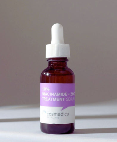 A product image of a bottle of Cosmedica Skincare's Niacinamide + Zinc Treatment Serum. 