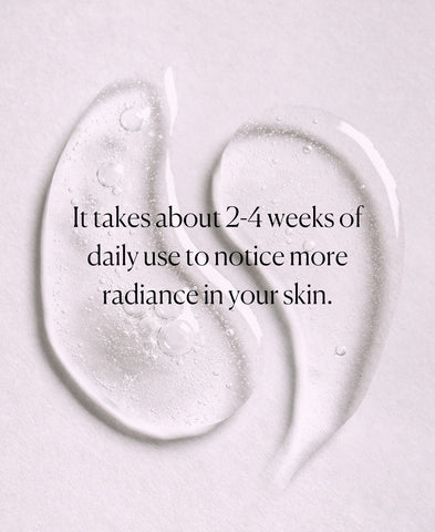 A graphic quoting, "It takes about 2-4 weeks of daily use to notice more radiance in your skin". 