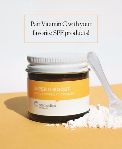 Product image of Cosmedica Skincare's Super C Boost powder and a derma roller. 