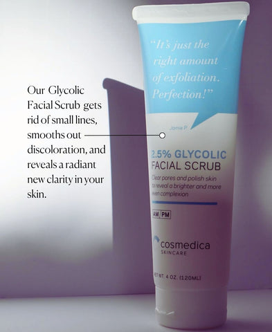 Product image of Cosmedica Skincare's Glycolic Facial Scrub with an explanation in text. 