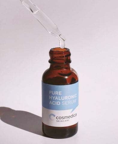 Closeup of Pure Hyaluronic Acid Serum bottle with eye dropper. 
