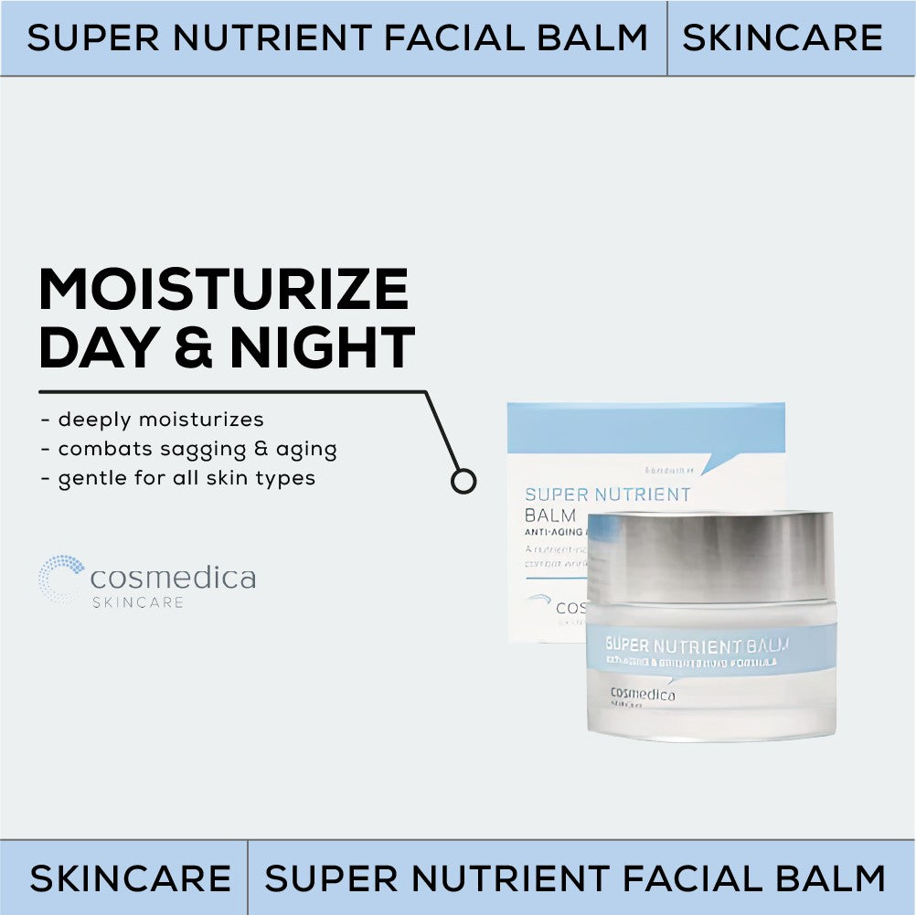 Infographic showing the benefits of Cosmedica Skincare's Super Nutrient Facial Balm.