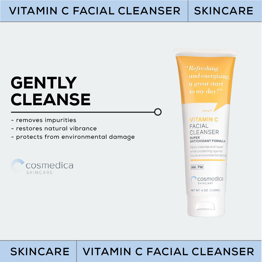  Infographic showing the benefits of Cosmedica Skincare's Vitamin C Facial Cleanser.