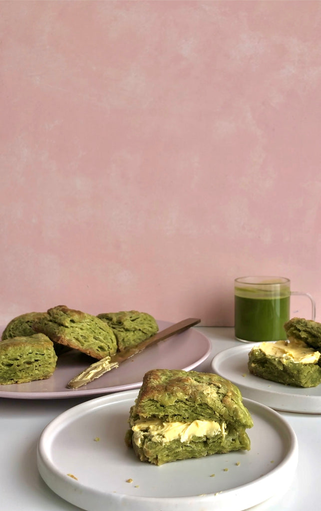 matcha green tea scones with butter and tea