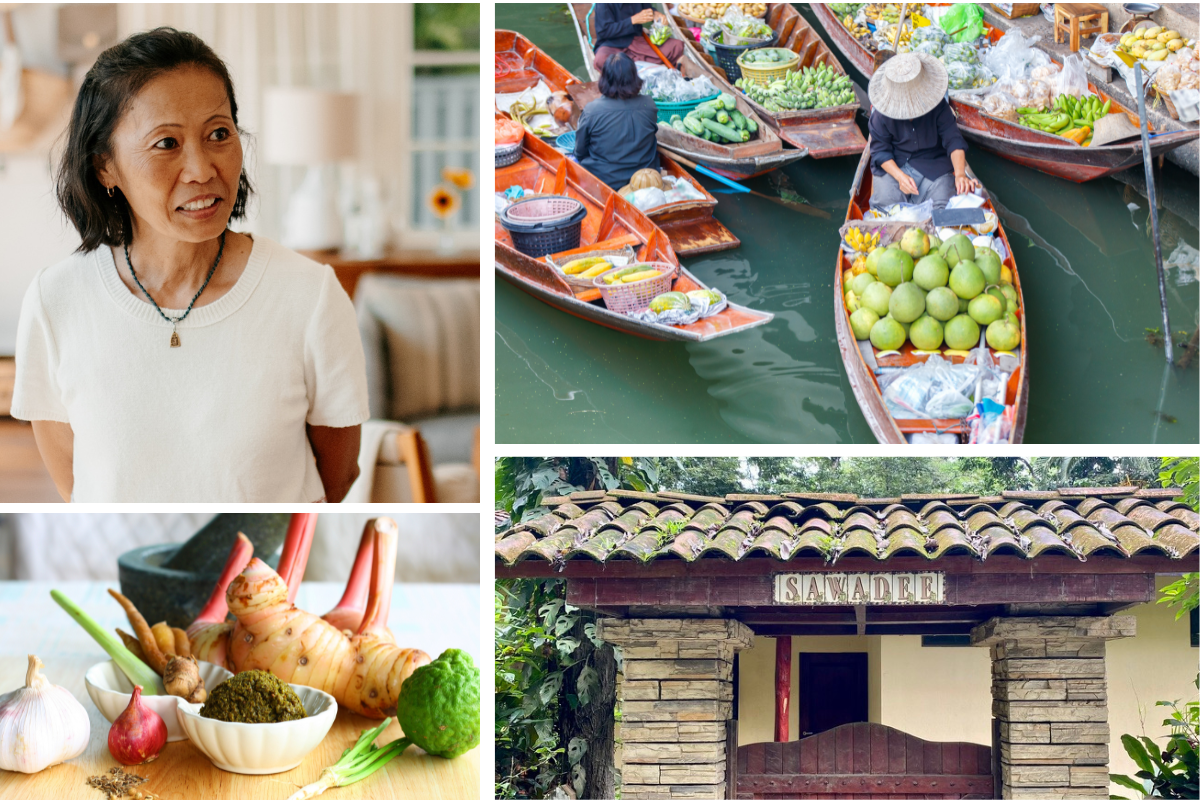 Pam (Leland's mom), Thailand floating market, Sawadee sign on house, fresh Thai ingredients