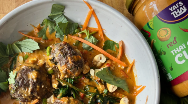 Whole30 Thai Red Curry Meatballs over Carrot Noodles