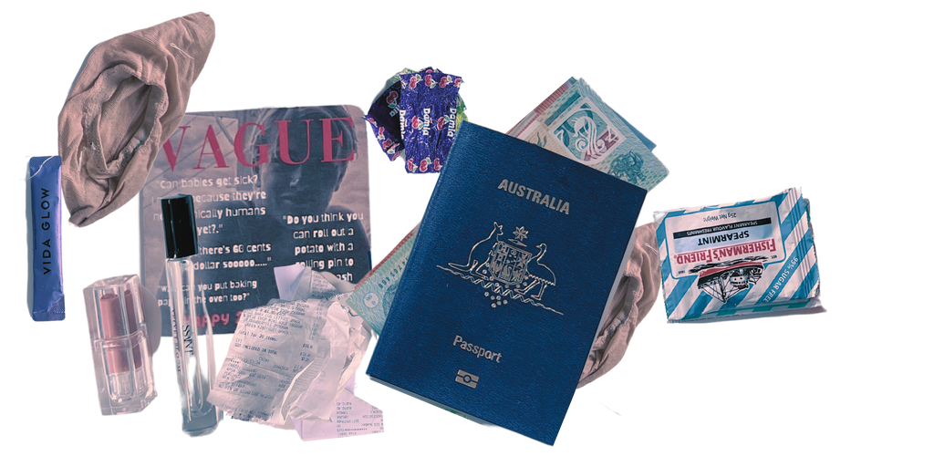 CONTENTS of ASH VALLIS handbag including passport, fishermans friends, socket, vida glow & wrappers