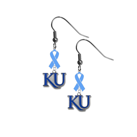 Kansas Jayhawks Style 2 Prostate Cancer Awareness Light Blue Ribbon Dangle Earrings