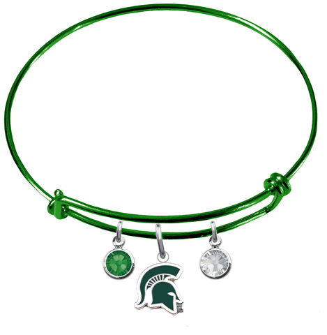 Michigan State Spartans Mascot Logo GREEN Expandable Wire Bangle Charm Bracelet
