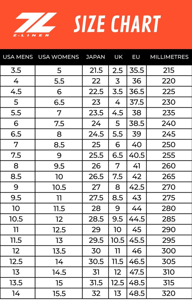 z-liner labs insoles size chart