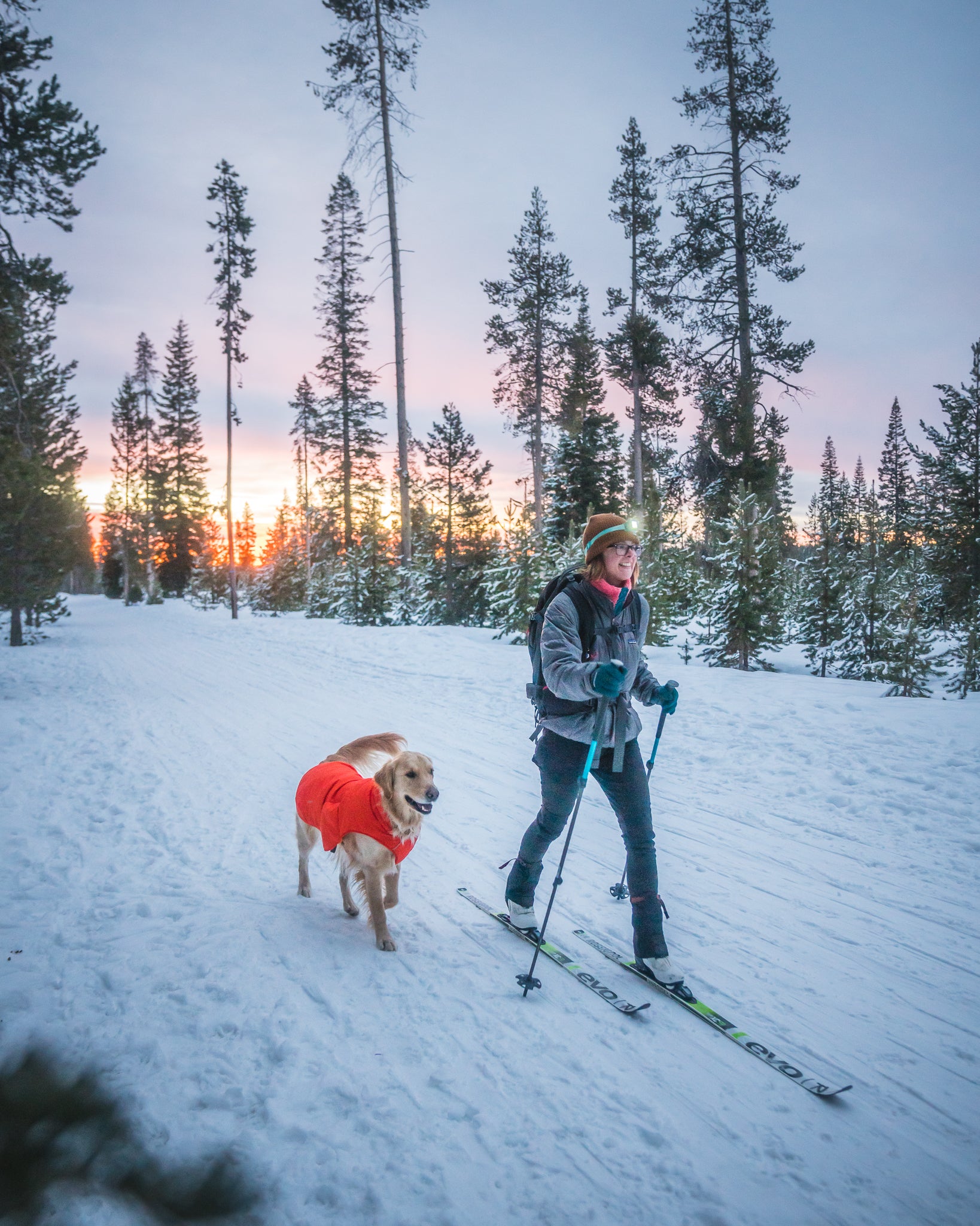 A woman cross country skis with her dog, who is wearing Ruffwear gear, by her side. 