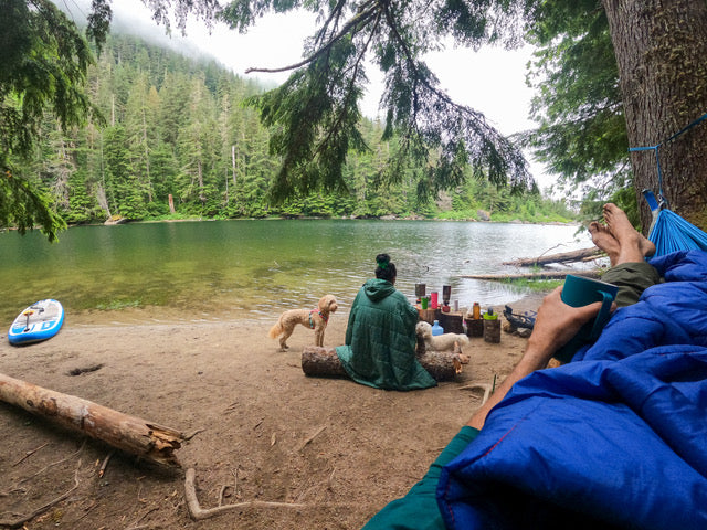 Two men and their dog sit at a campsite by a lake. 