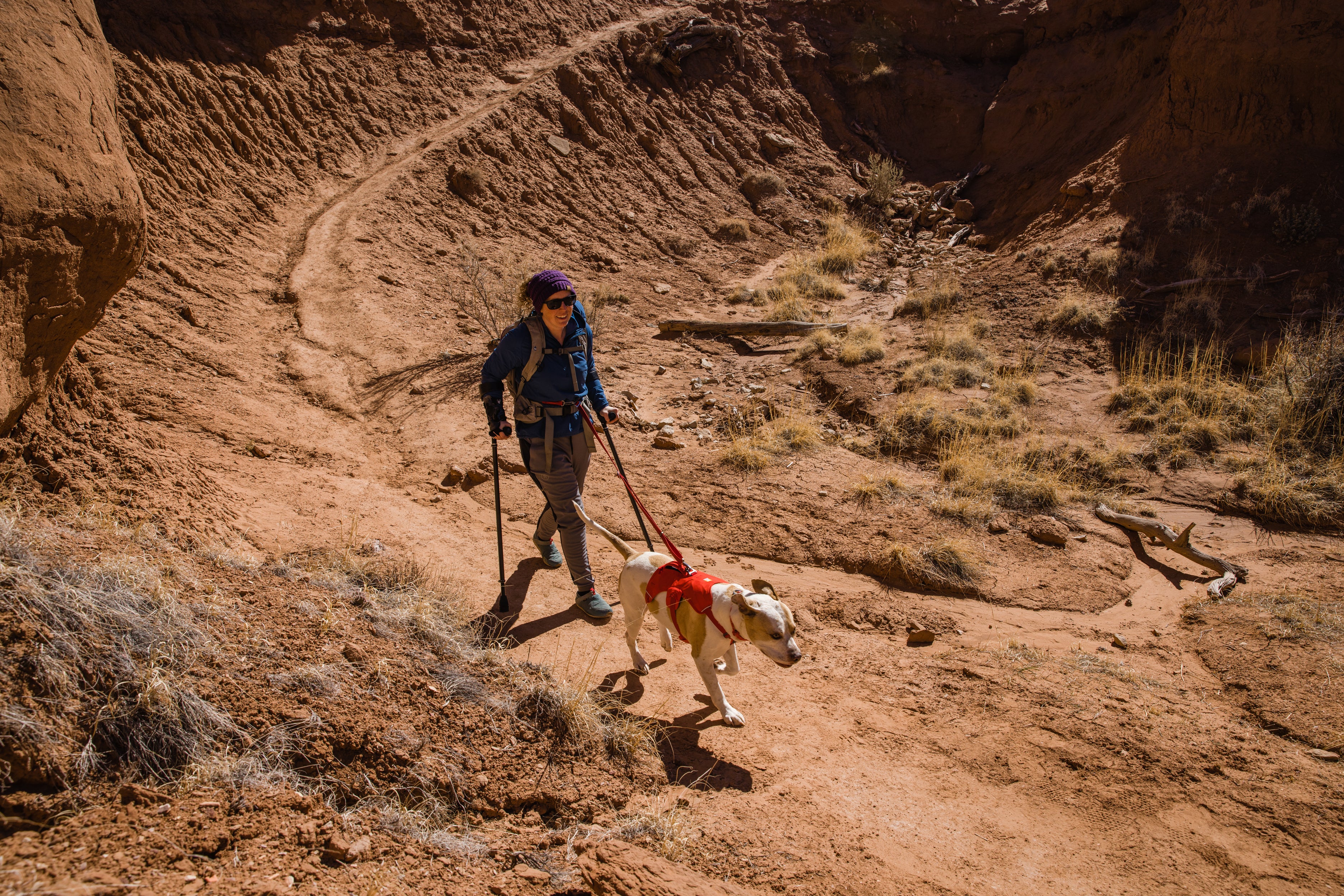 A woman hikes with her dog on a desert trail.